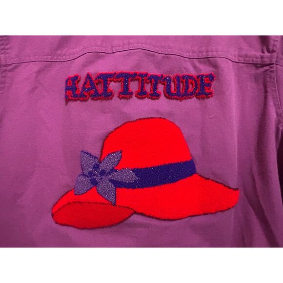 Womens Purple‎ Denim Jacket Coat Red Hat Unique 3D chenille Glam Hattitude sz 26 - Picture 3 of 11
